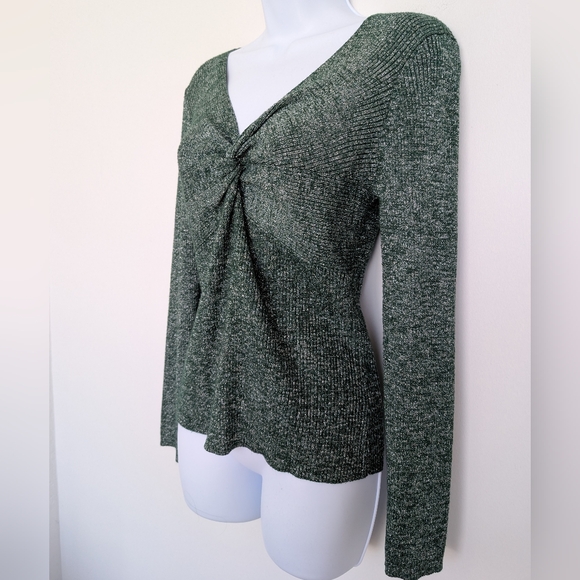 Metallic Green Silver Twist Front V Neck Rib Knit Long Sleeve Stretch Blouse - Picture 2 of 15